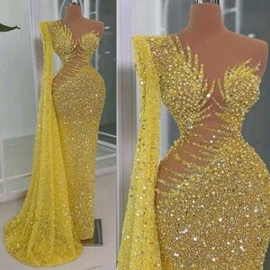 Elegant Yellow Sequin Evening Gown